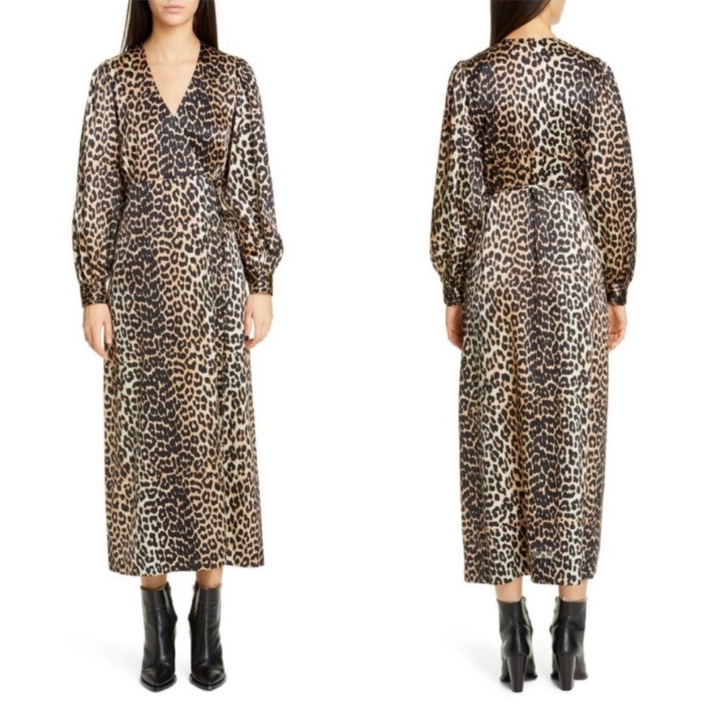 Ganni Silk Wrap Dress Leopard Print Long Sleeve Mob Wife Luxury Sz 38 = US 6 - Picture 14 of 14